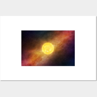 Bright Sun against dark starry sky and Milky Way in Solar System Posters and Art